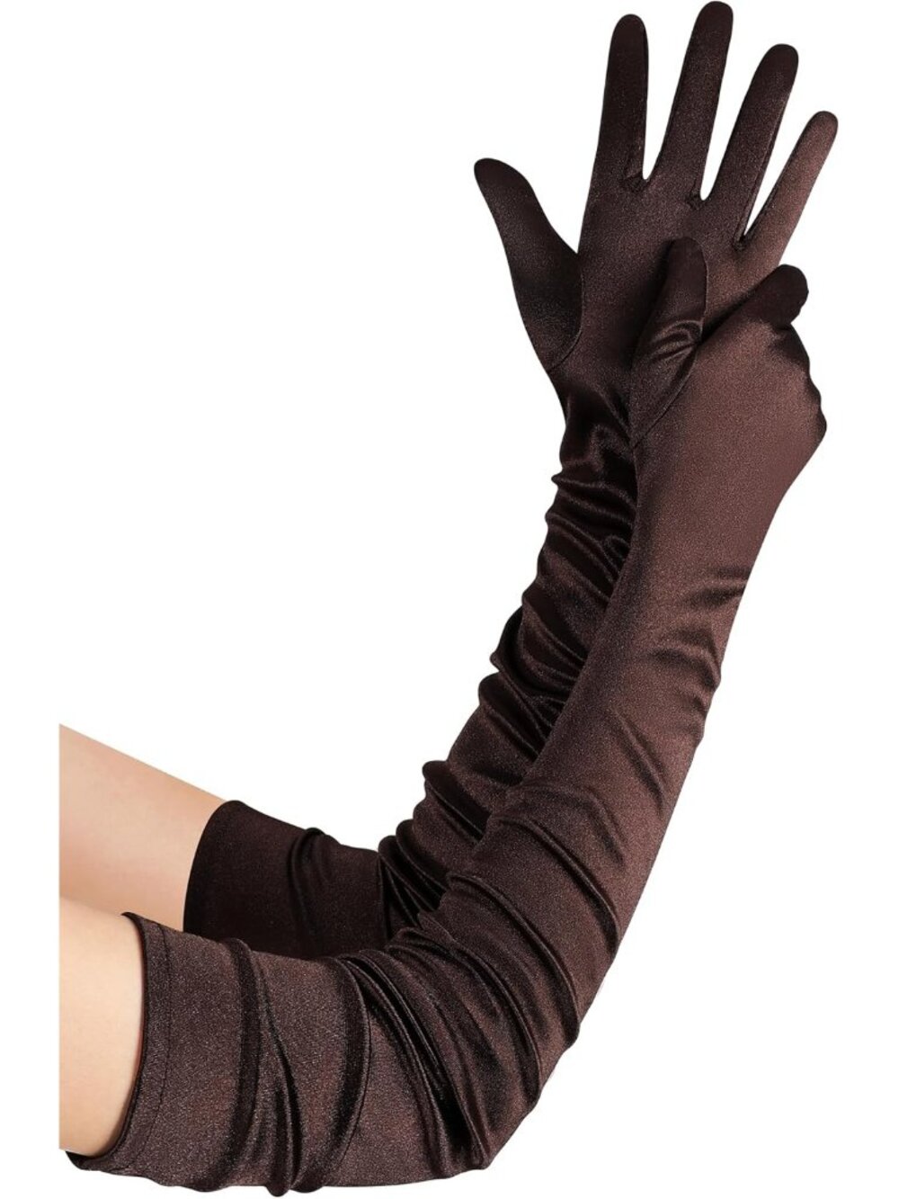 Women Brown Stretchy Satin Upper Arm Length 1920s Flapper Long Opera Gloves
